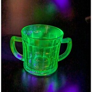 Vintage Hazel Atlas Green Uranium Glass Double Handle Cup Open Sugar Bowl